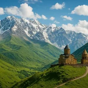 Une église en pierre et un clocher se dressent sur une colline verdoyante, dominant une vallée avec des montagnes enneigées en arrière-plan.