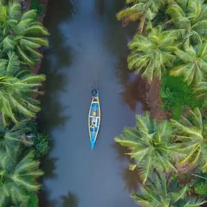 Vista aérea de un colorido bote en un río, flanqueado por un denso bosque de palmeras verdes.