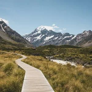 A wooden boardwalk winds through a grassy valley towards towering, snow-capped mountains under a clear blue sky.