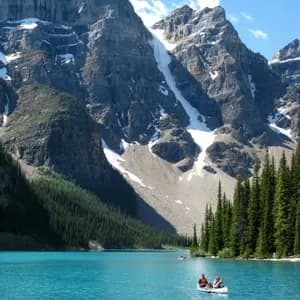 A WeRoad group trip paddles a canoe on a turquoise alpine lake surrounded by pine forests and snow-capped mountains.