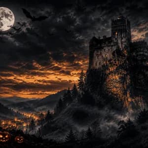 Un castello stregato su una scogliera sotto una luna piena, con pipistrelli in volo e zucche intagliate che si affacciano su un villaggio di notte.