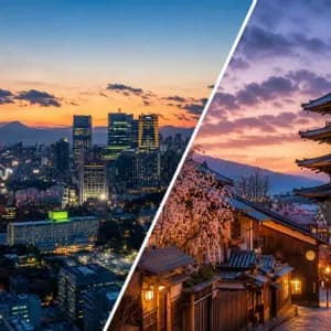 Un'immagine che contrappone uno skyline moderno con una torre illuminata al tramonto e un borgo tradizionale con una pagoda e fiori di ciliegio.