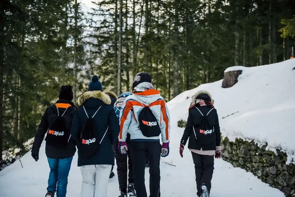 A WeRoad group trip wearing winter coats and backpacks walks along a snowy path through a pine forest.