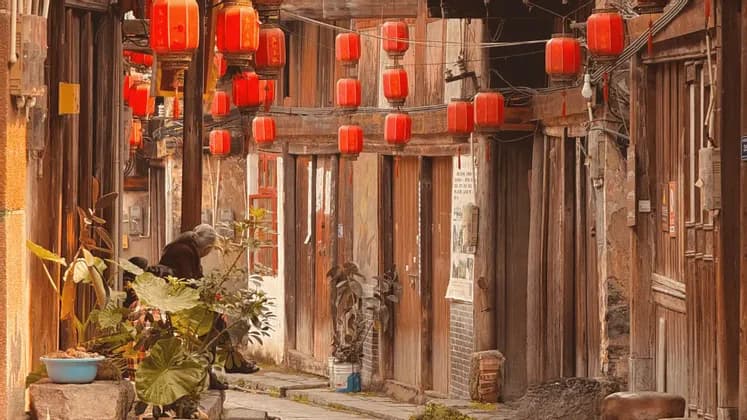 Lanterne rosse pendono su un vicolo stretto con edifici tradizionali in legno, mentre una persona anziana siede accanto a piante in vaso.