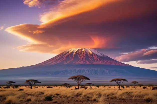 Une montagne enneigée domine une savane parsemée d'acacias, sous un ciel spectaculaire de nuages oranges et violets au coucher du soleil.