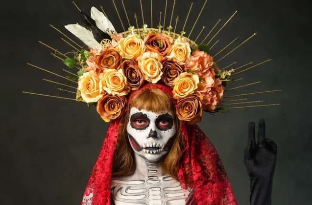 Una persona in costume da Giorno dei Morti, con trucco da calavera e un elaborato copricapo floreale con punte dorate.
