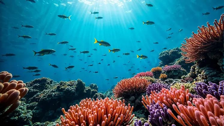 Un banco de peces nada sobre un arrecife de coral multicolor con rayos de sol perforando el agua azul desde la superficie.