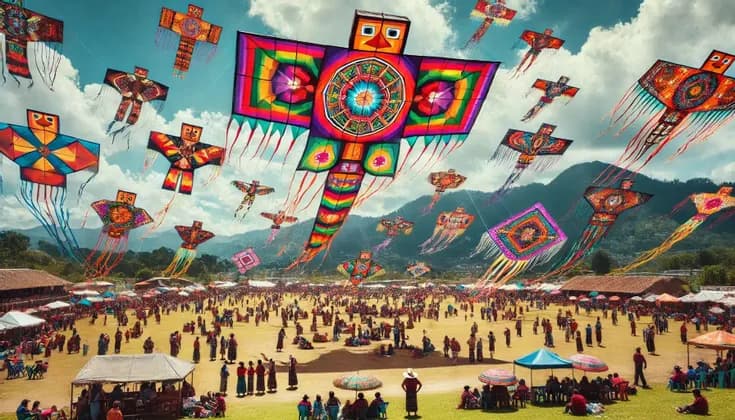 Un cielo gremito di aquiloni grandi, colorati e dal design elaborato, che volano sopra una folla festante in un prato verde con le montagne sullo sfondo.