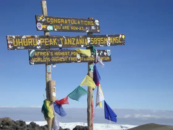 The wooden sign at Uhuru Peak, Tanzania, marking it as Africa's highest point, stands against a clear blue sky above the clouds.
