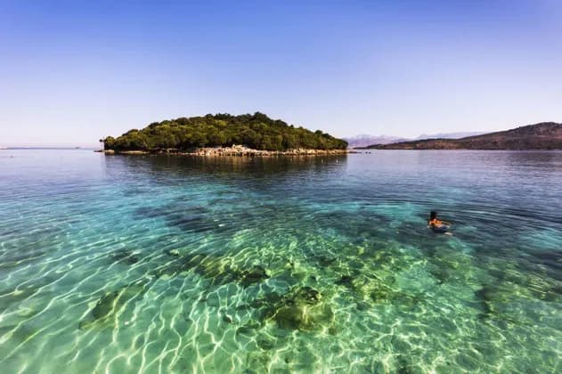 Una persona nada en aguas cristalinas de color turquesa cerca de una pequeña isla arbolada bajo un cielo azul brillante.