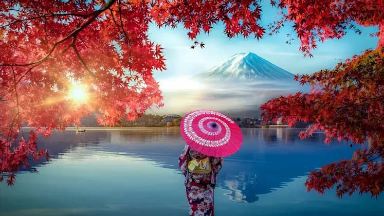 Una persona in kimono con un ombrellino rosa in riva a un lago, osserva una montagna innevata incorniciata da foglie autunnali rosse.