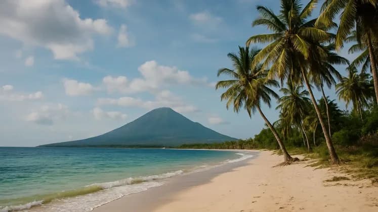 Ein palmengesäumter Sandstrand trifft auf das türkisfarbene Meer, dahinter ragt ein großer Berg unter blauem Himmel mit Wolken auf.