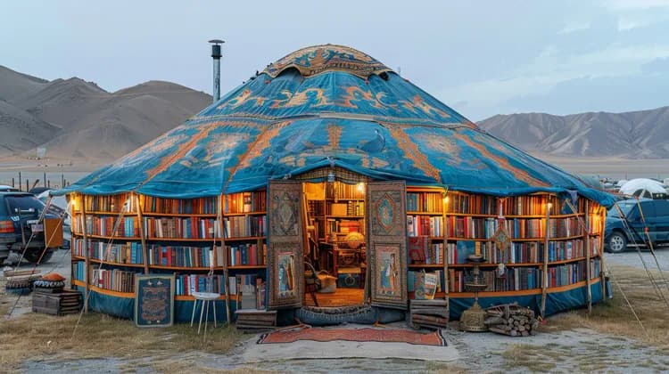 Una grande yurta blu decorata con le sue pareti esterne costruite da librerie piene di libri, ambientata in un paesaggio montuoso e arido al tramonto.