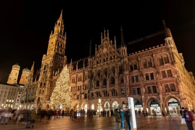 Un sontuoso edificio in stile gotico e un grande albero di Natale, entrambi splendidamente illuminati di notte in una vivace piazza cittadina con persone.