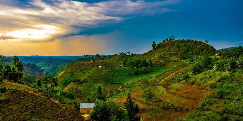 Une vaste étendue de collines verdoyantes et ondulantes, parsemée de terrasses agricoles et de quelques petites maisons, sous un ciel partagé entre soleil et nuages.