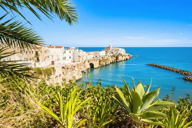 Una località costiera con edifici bianchi si adagia su scogliere rocciose a picco su un mare blu e calmo, con la vista incorniciata da verdeggiante fogliame e foglie di palma.