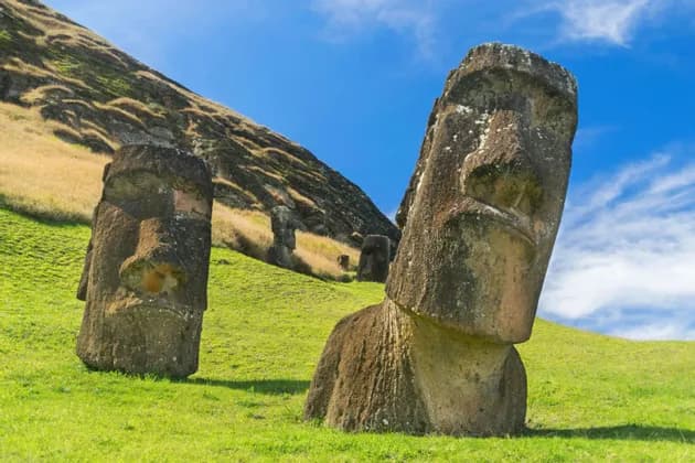Diverse grandi statue Moai in pietra sono situate su un pendio erboso sotto un cielo azzurro brillante.