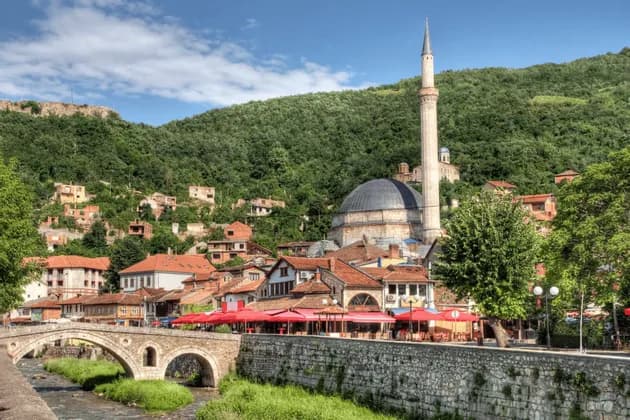 Un ponte di pietra attraversa un fiume in una città storica che ospita una moschea, il tutto incastonato ai piedi di una verdeggiante collina boscosa.