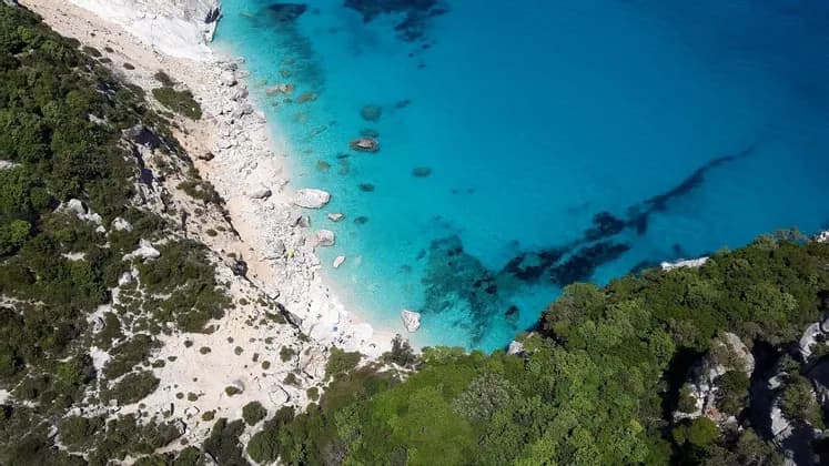 Veduta aerea di una caletta isolata con acqua turchese cristallina, una spiaggia di ciottoli bianchi e scogliere rocciose verdi circostanti.