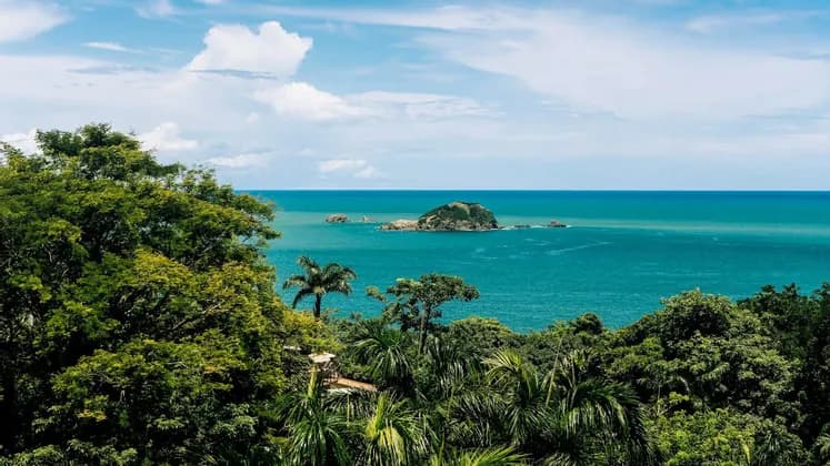 Vista de un exuberante dosel de selva verde sobre una pequeña isla rocosa en un océano turquesa, bajo un cielo azul con nubes.