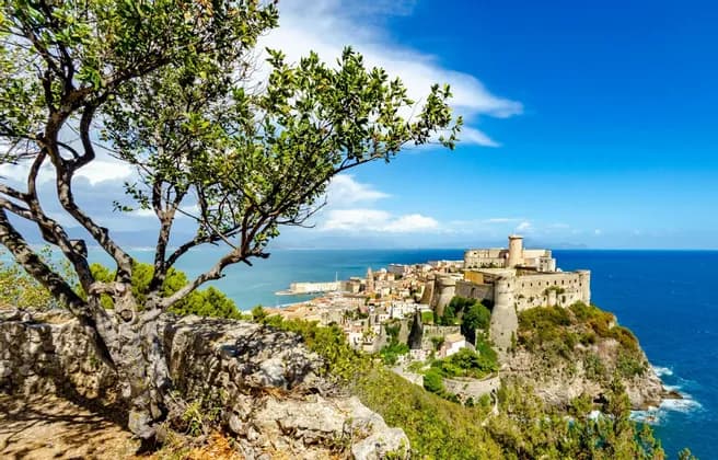 Una storica fortezza e città su una scogliera rocciosa a picco sul mare blu, vista da un punto panoramico dietro un albero.