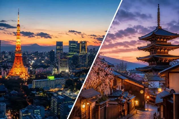 Un'immagine che contrappone uno skyline moderno con una torre illuminata al tramonto e un borgo tradizionale con una pagoda e fiori di ciliegio.