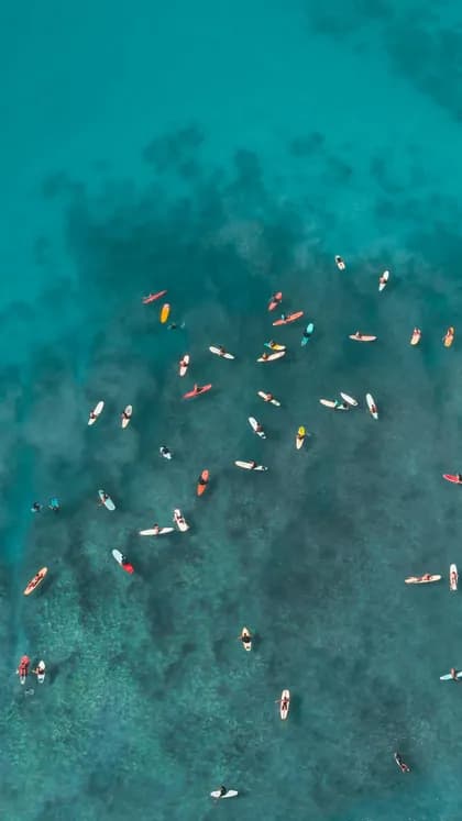 Una vista aérea de un viaje en grupo de WeRoad en tablas de surf y kayaks dispersos en aguas claras y turquesas.