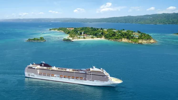 Una grande nave da crociera bianca naviga sull'oceano blu, passando accanto a un'isola tropicale lussureggiante e verde.