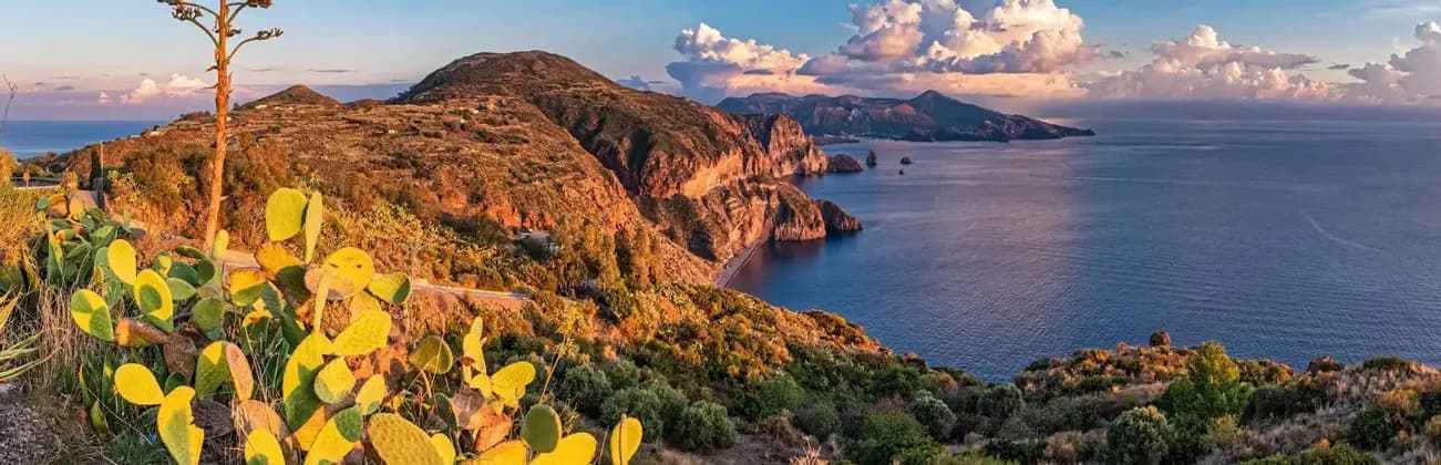 Una vista panoramica di una costa frastagliata con fichi d'India, illuminata dalla luce dorata del tramonto sul mare.