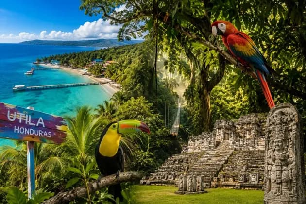 Eine Collage von Szenen aus Honduras, darunter der Utila Strand, ein Tukan, ein Scharlachara und antike Maya-Ruinen.
