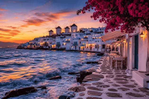 Edifici bianchi e mulini a vento di un villaggio costiero sono illuminati da un tramonto colorato sul mare.