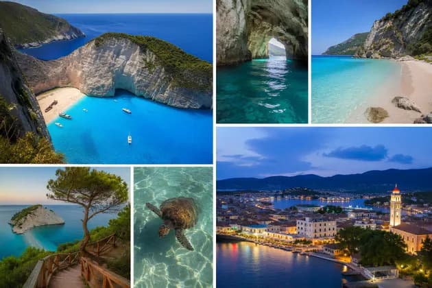 Un collage fotografico di paesaggi costieri: una spiaggia con relitto, grotte marine turchesi, una tartaruga marina che nuota e una cittadina sul mare di notte.