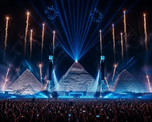Une grande foule assiste à un concert nocturne avec un spectacle de lumières bleues et un feu d'artifice devant trois pyramides.