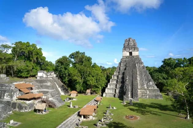 Eine große Steinpyramide und andere antike Ruinen liegen auf einer Dschungellichtung unter einem strahlend blauen Himmel.