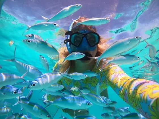 Eine Person mit Schnorchelmaske und farbenfrohem Neoprenanzug macht ein Selfie beim Schwimmen unter Wasser, umgeben von einem Fischschwarm.