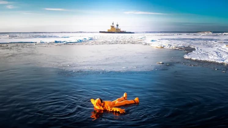 Una persona con un traje de supervivencia naranja flota de espaldas en agua helada, con un rompehielos a lo lejos.