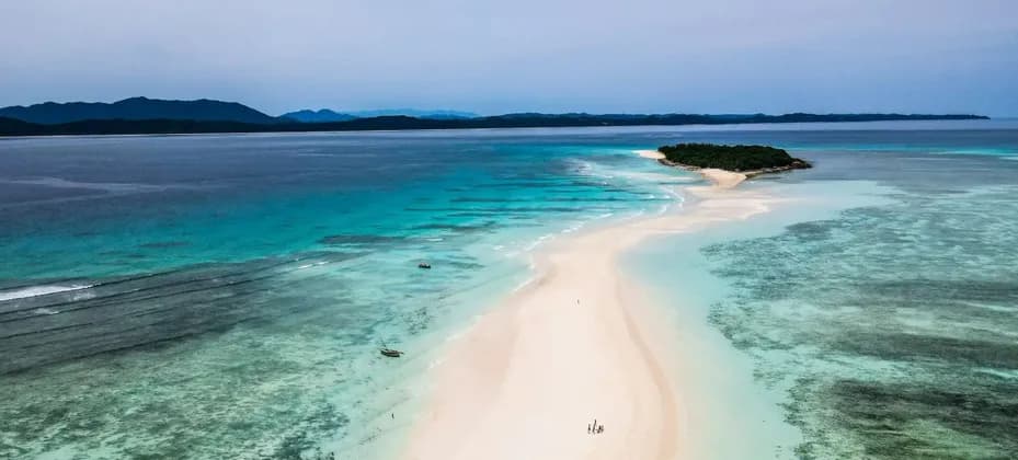 Una veduta aerea di un viaggio di gruppo WeRoad su una lingua di sabbia bianca che si protende in acque turchesi verso una piccola isola boscosa.