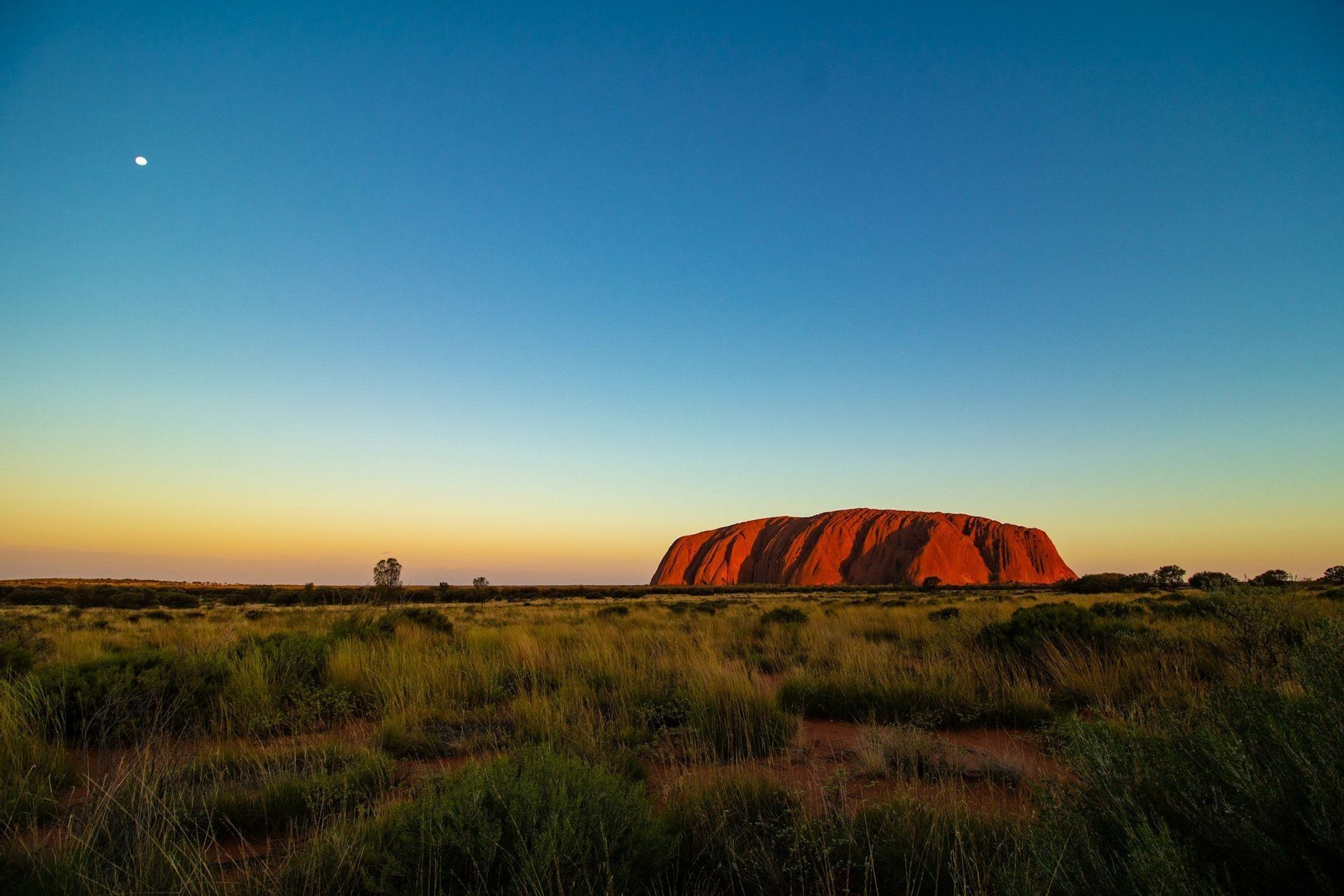 A large red sandstone monolith glows at sunset, rising from a grassy plain under a clear blue sky with the moon visible.