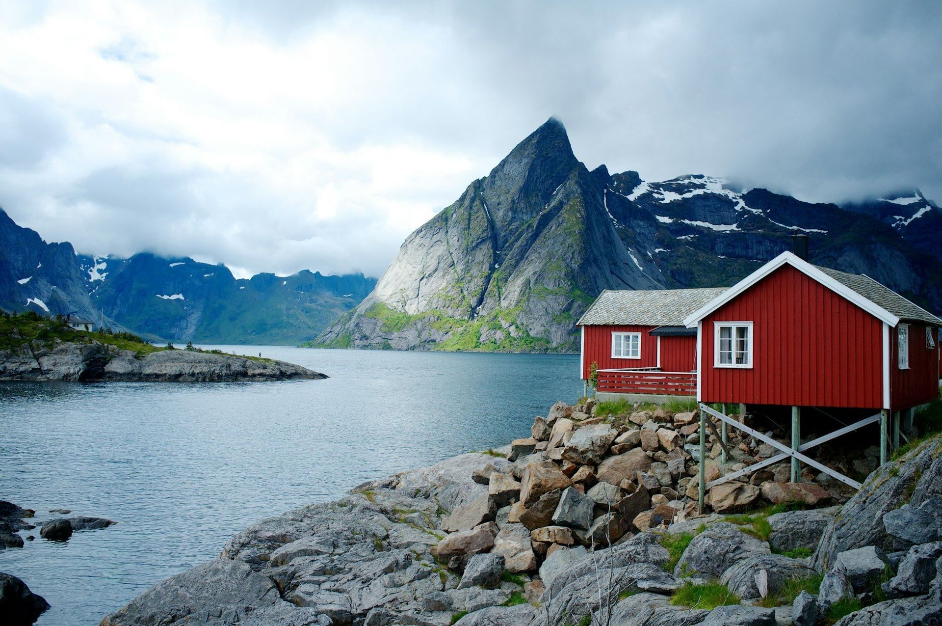 Two red wooden houses sit on a rocky shoreline next to a body of water, with steep mountains in the background under a cloudy sky.