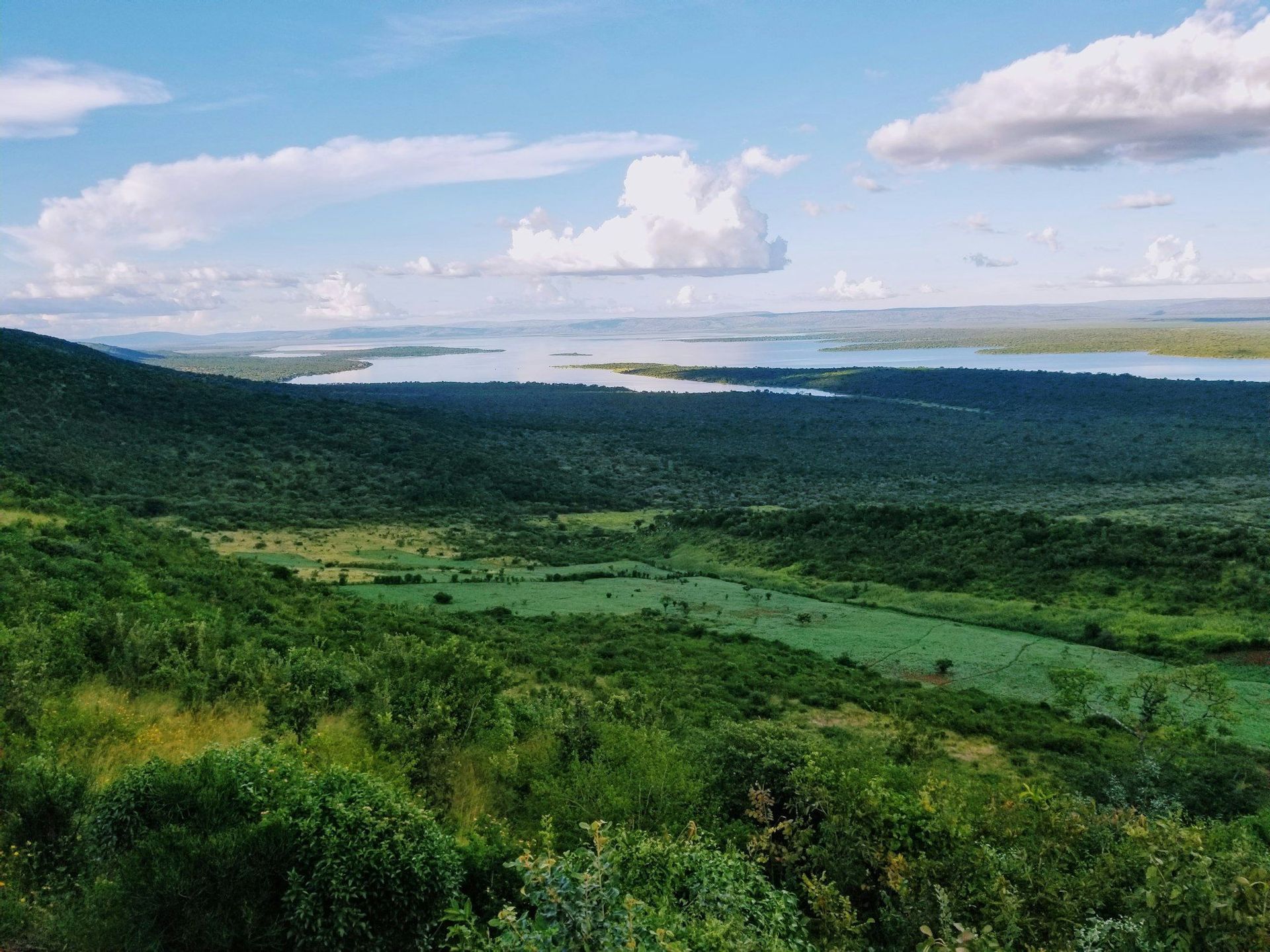 Vista aérea de un vasto paisaje de exuberantes colinas verdes y bosques que rodean una gran extensión de agua bajo un cielo azul con nubes blancas.