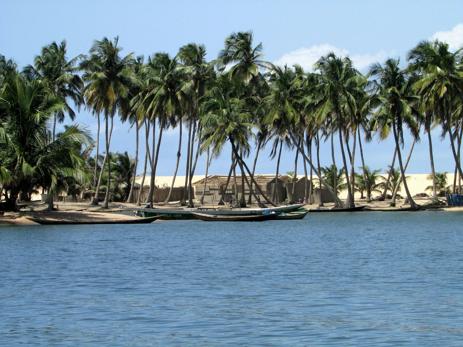 Kanuboote liegen an einem sandigen Ufer, gesäumt von hohen Palmen, mit Sanddünen und Hütten im Hintergrund.
