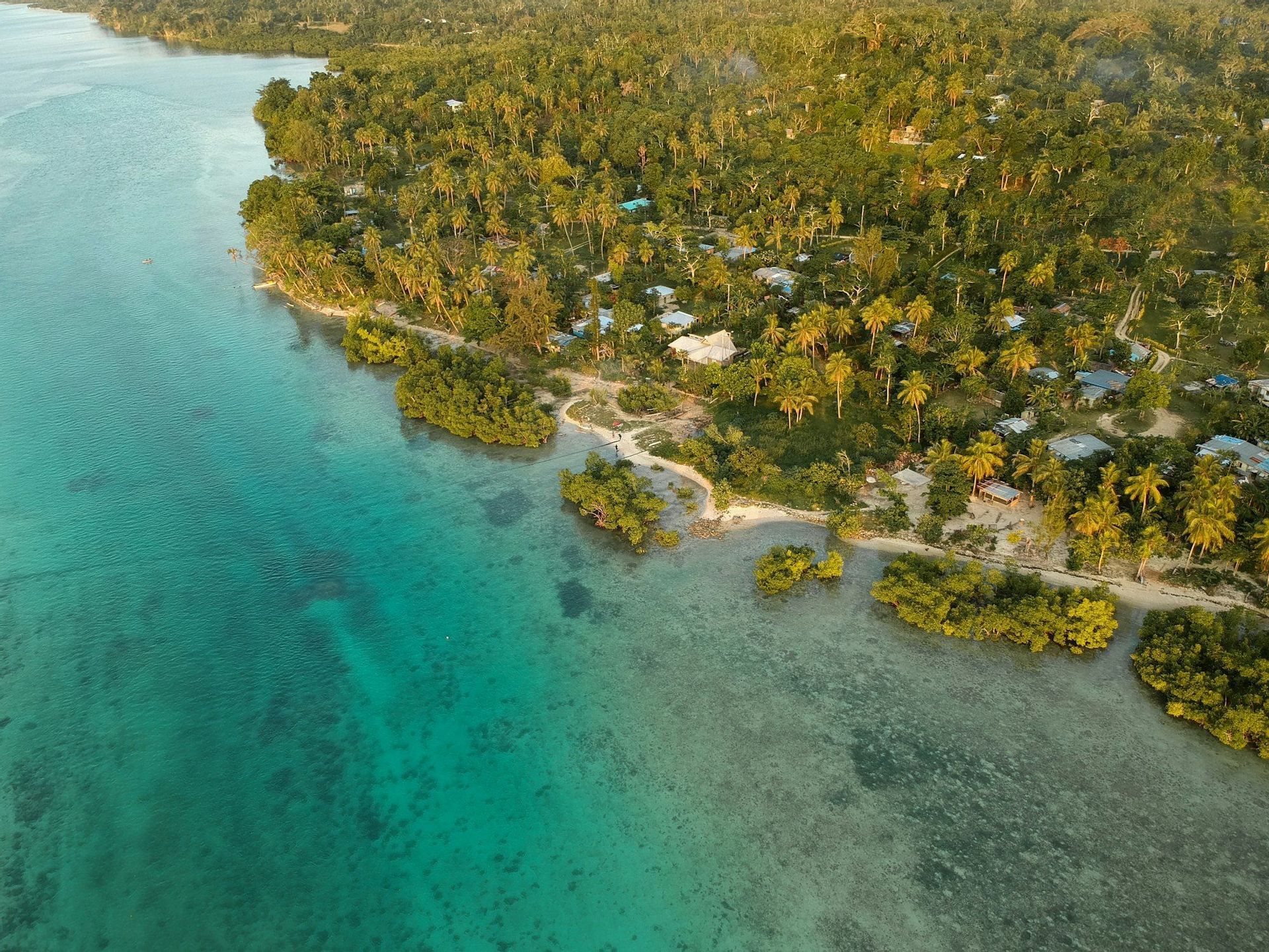 Vue aérienne d'une côte d'île tropicale, avec une eau turquoise claire rencontrant une forêt verte dense parsemée de petites maisons.