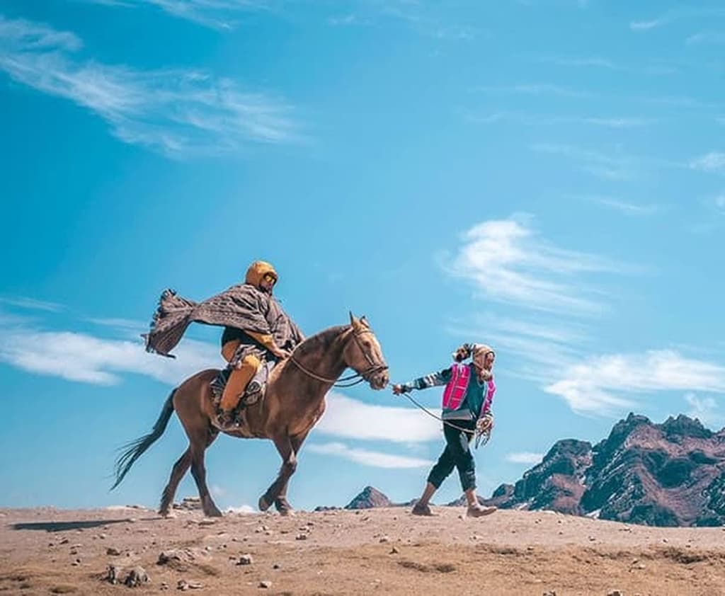Viajeros de WeRoad con un caballo frente a las montañas