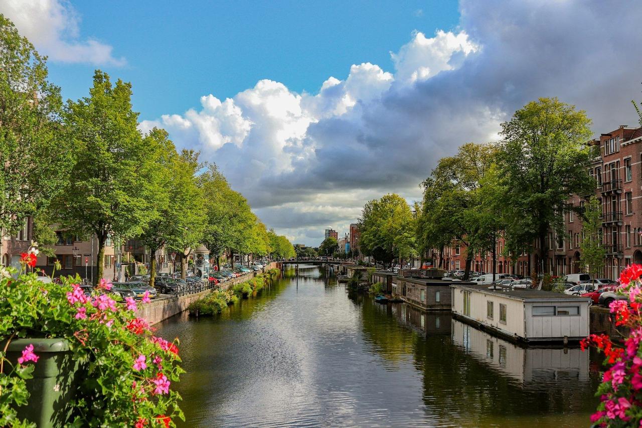 Una vista de un canal de ciudad bordeado por árboles verdes, casas flotantes y edificios tradicionales bajo un cielo parcialmente nublado, con flores rosas en primer plano.