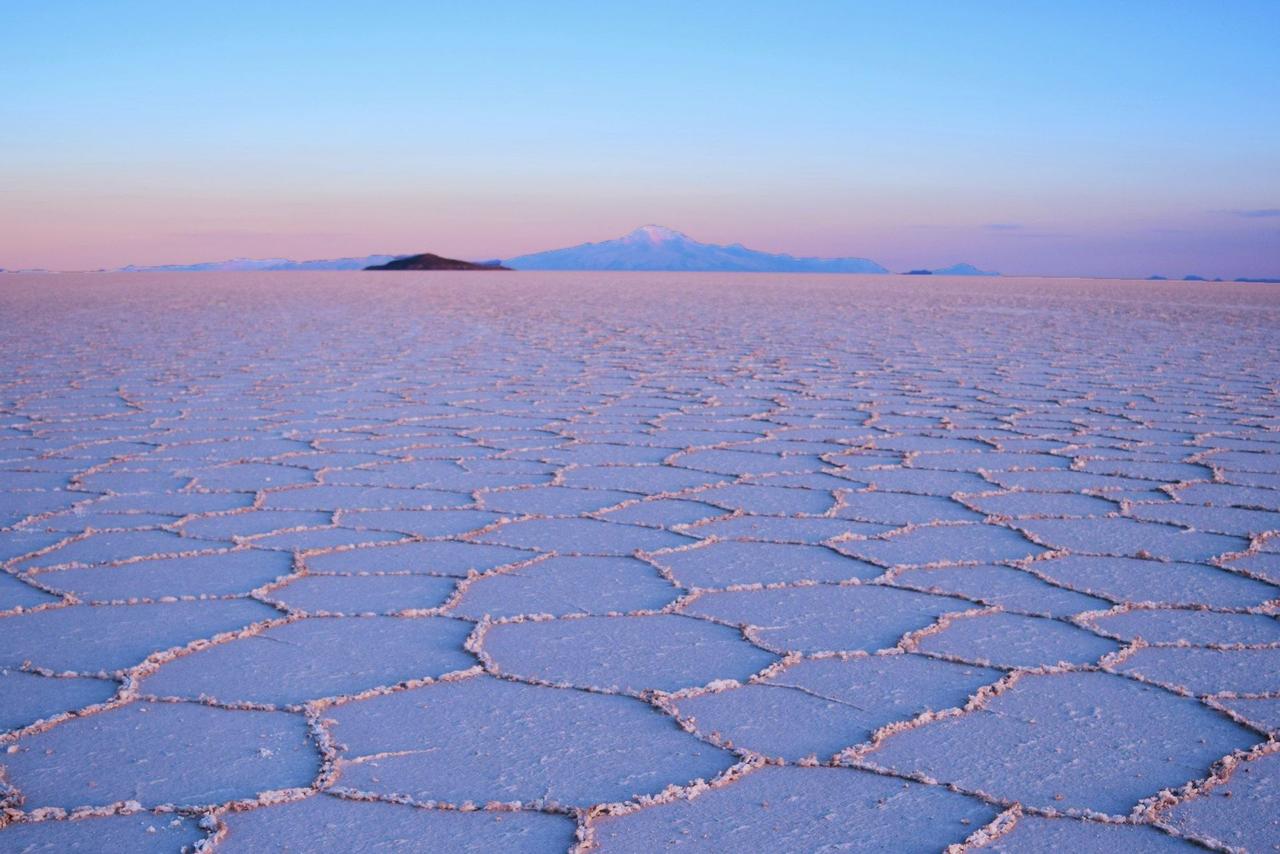 Des formations de sel hexagonales recouvrent une vaste plaine plate avec des montagnes lointaines sous un ciel clair à l'aube.