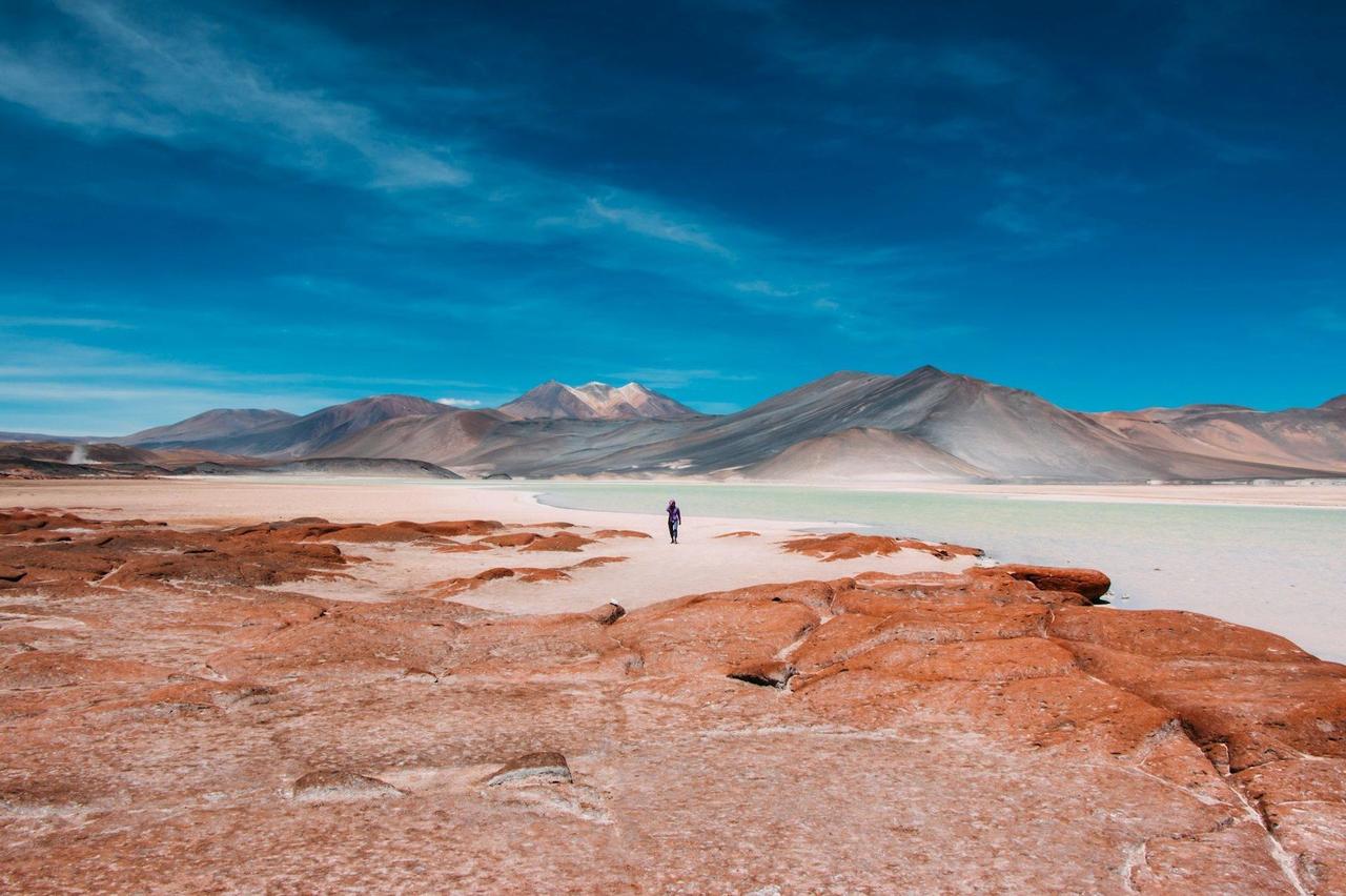A person in purple walks across a vast desert landscape with red rocks, a pale green lagoon, and distant mountains under a deep blue sky.
