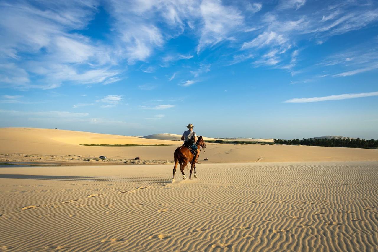 Une personne portant un chapeau monte un cheval brun à travers des dunes de sable ondulées sous un ciel bleu partiellement nuageux.