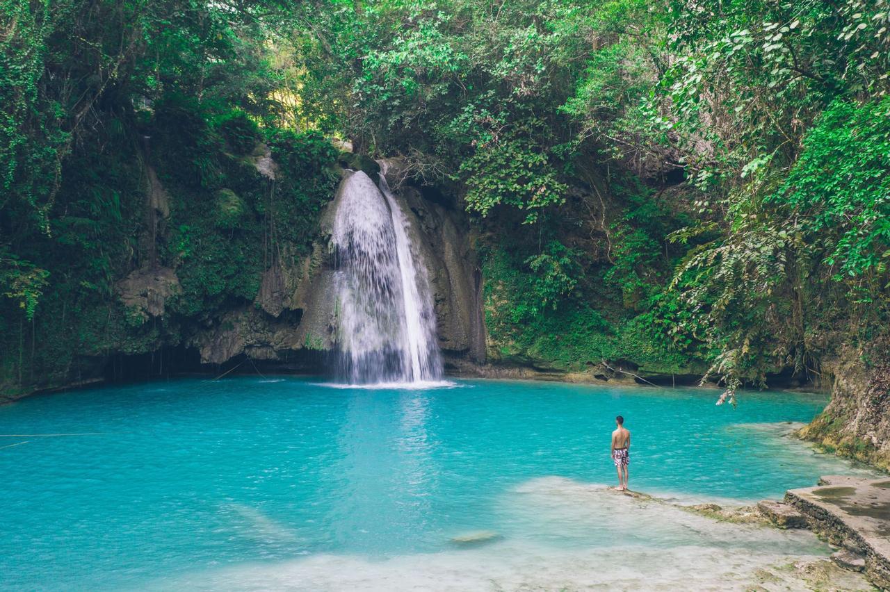 Un homme en maillot de bain se tient au bord d'une piscine turquoise, regardant une cascade dans une jungle luxuriante.