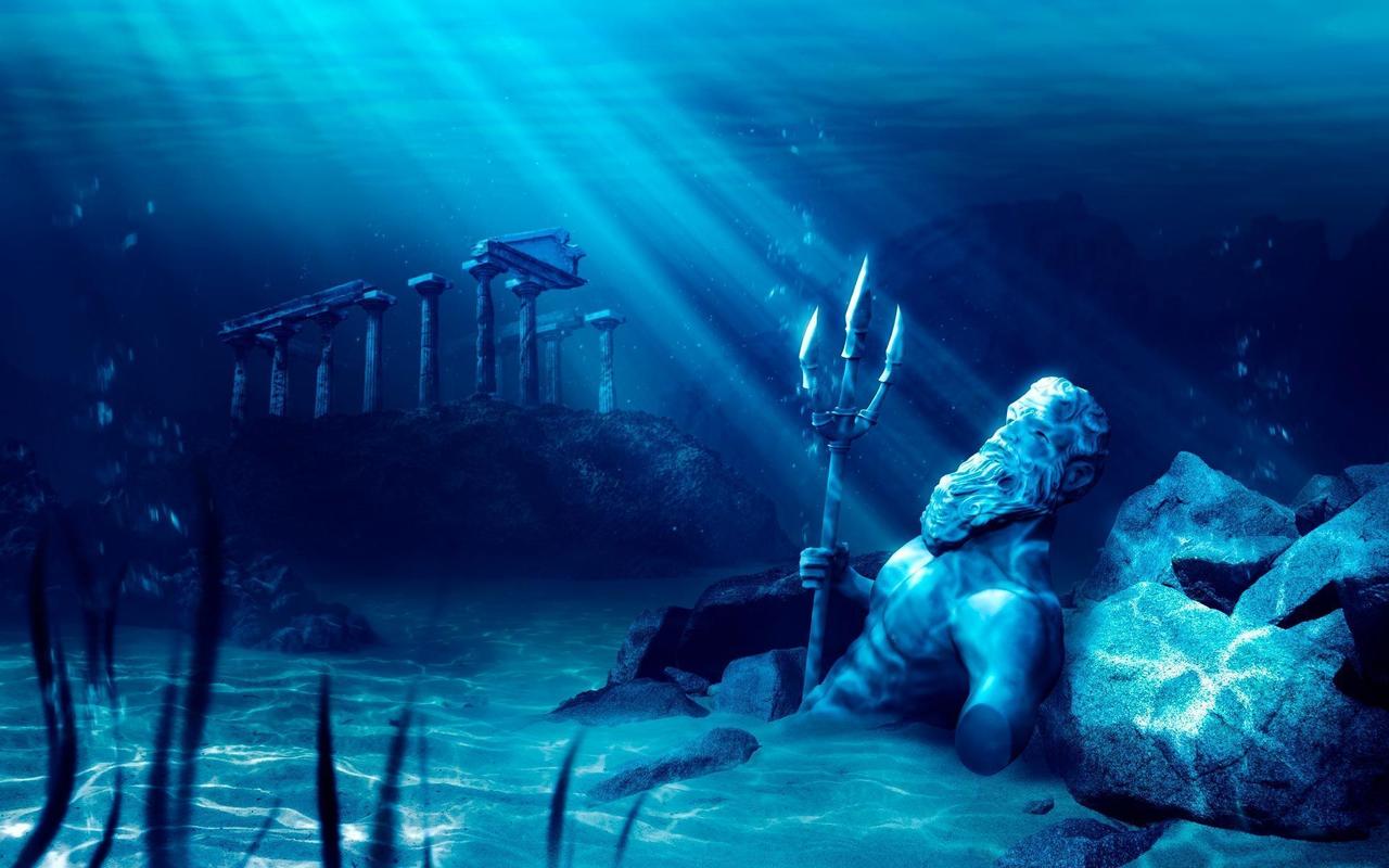 Una statua sottomarina di Poseidone con tridente si erge davanti alle rovine di un antico tempio, mentre la luce filtra attraverso l'acqua.