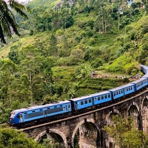 Un treno blu attraversa un grande ponte di pietra ad arco che si snoda in una lussureggiante valle tropicale verde e terrazzata.